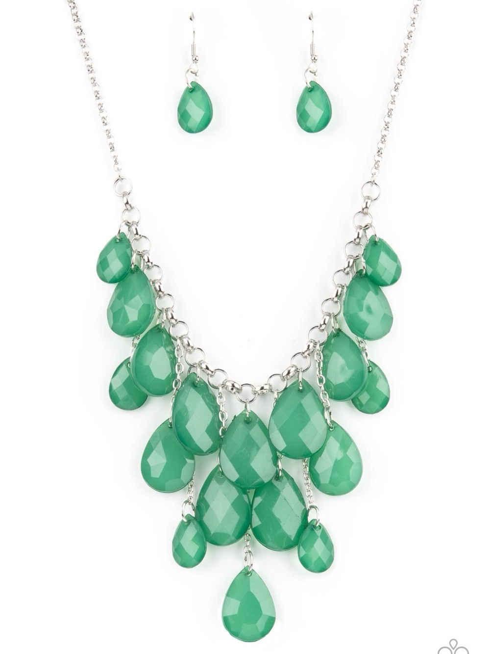 paparazzi Silver-Tone Green Teardrop Cascade Necklace & Earrings